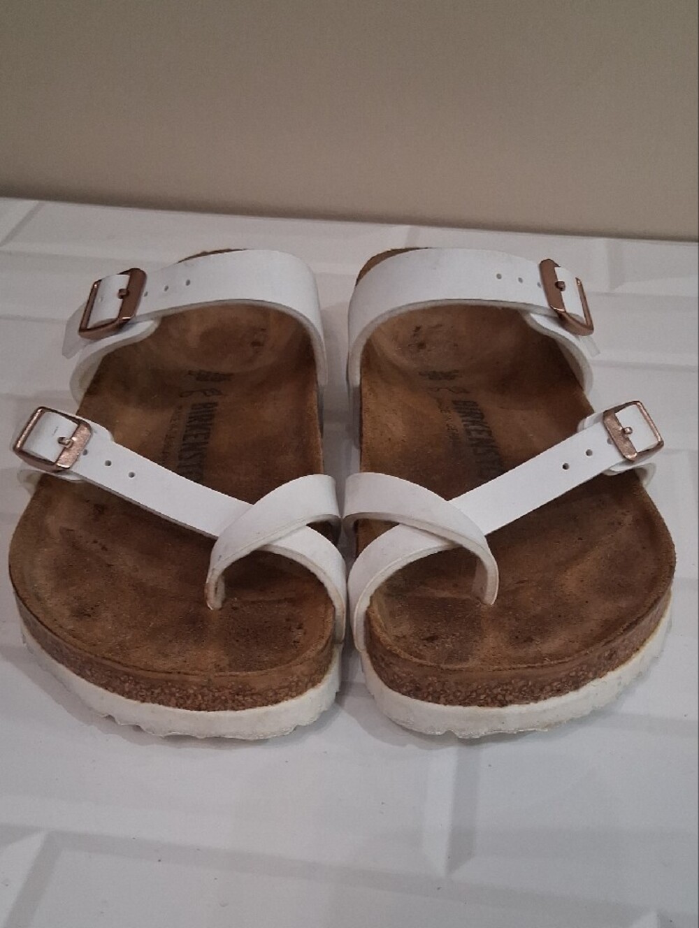 Birkenstock Mayari Women’s White Two-Strap Sandals with Rose Gold Buckles - Picture 11 of 11
